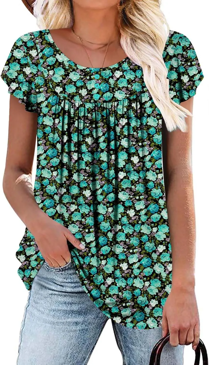 BETTE BOUTIK Women's Short Sleeve Summer Tunic Tops Flowy Flare Button Down Tunic Shirts Blouses S-3XL