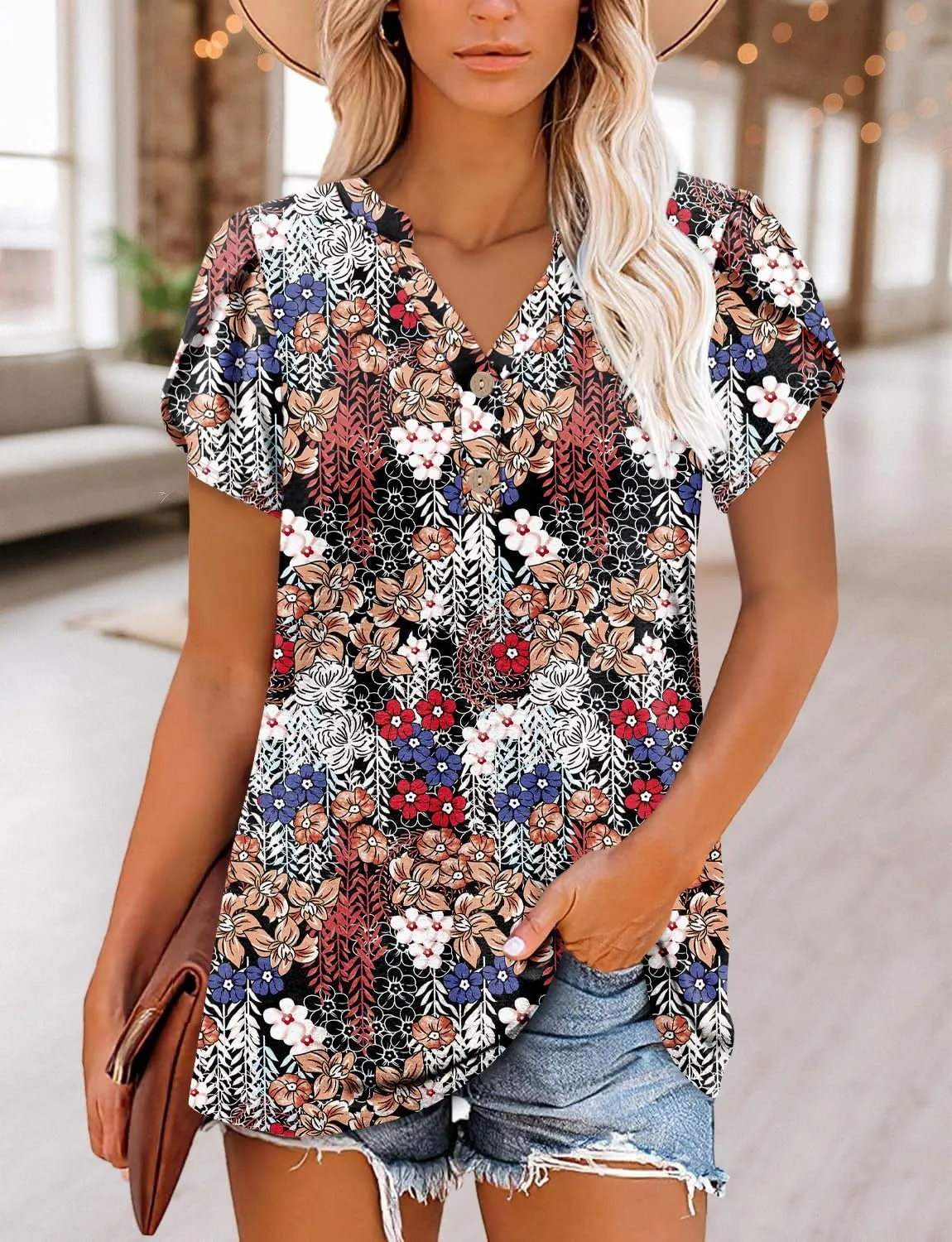 BETTE BOUTIK Womens Summer Shirts Short Sleeve V Neck Tunic Tops Casual Fashion Blouses
