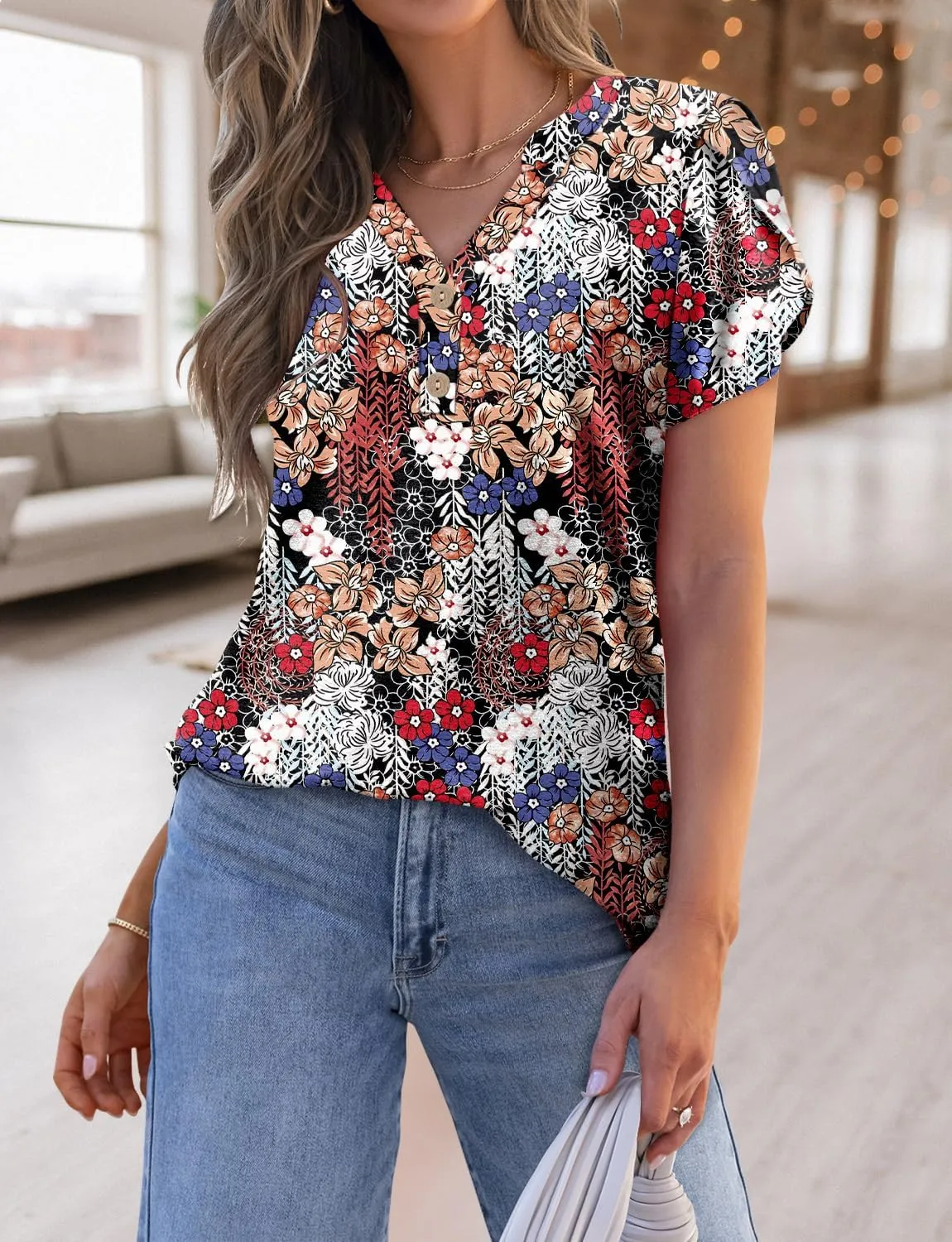 BETTE BOUTIK Womens Summer Shirts Short Sleeve V Neck Tunic Tops Casual Fashion Blouses
