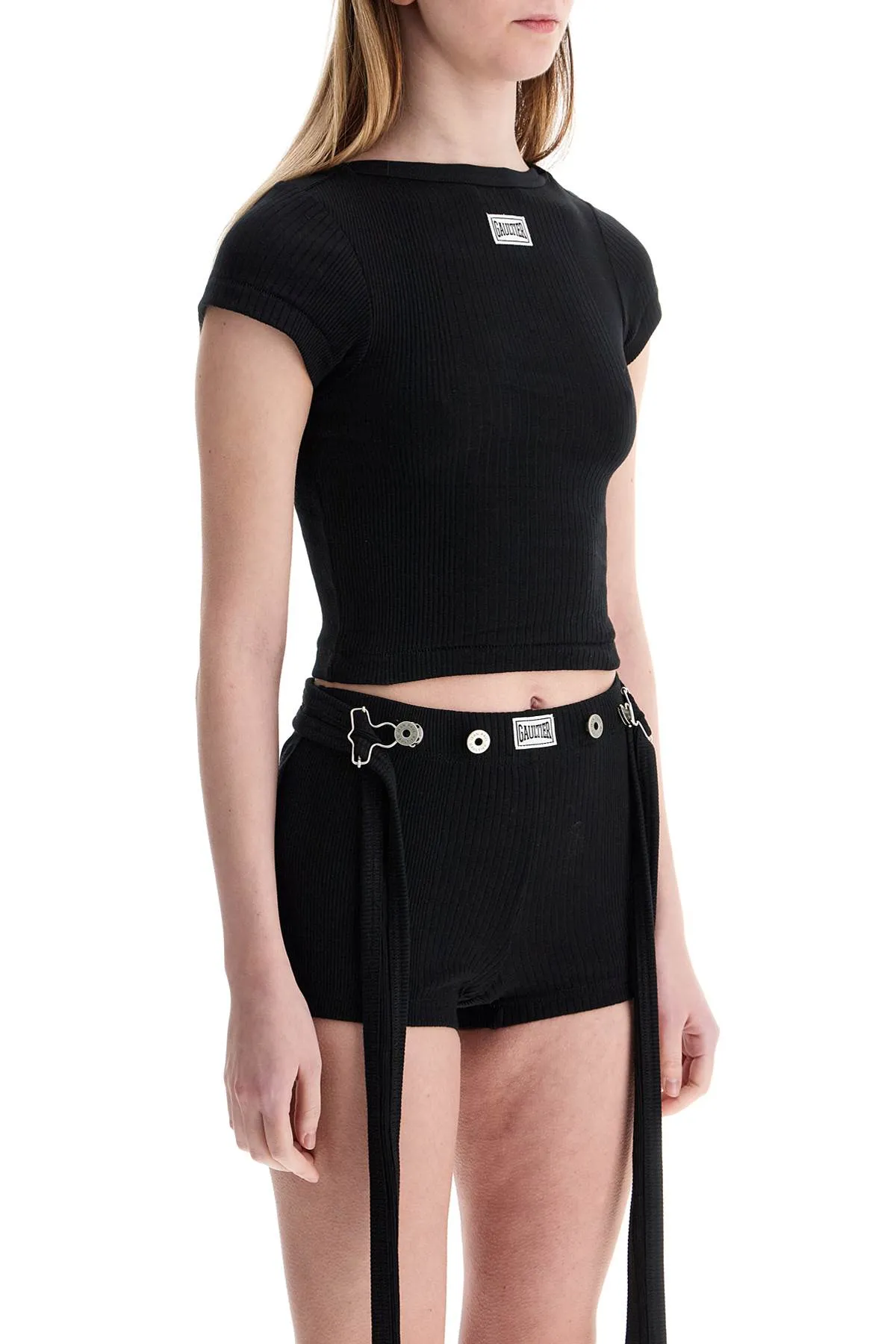 black cropped cotton ribbed t-shirt with logo TS105P J054 BLACK
