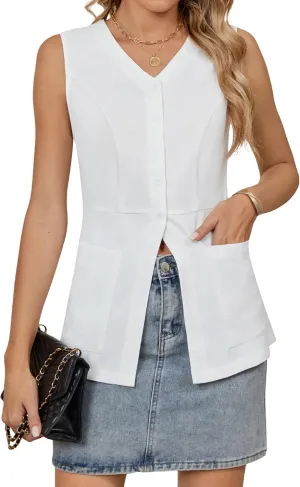 Blooming Jelly Womens Summer Tank Tops Button Down Sleeveless Vest Dressy Casual Blouses Business V Neck Outfits