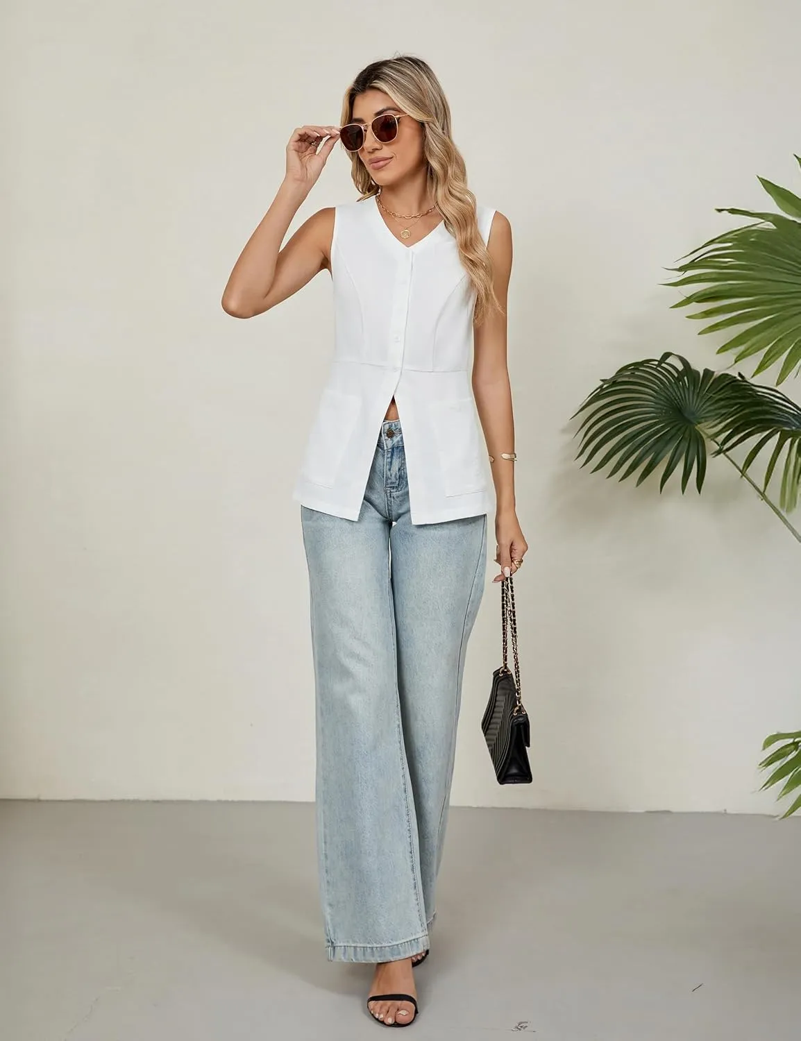 Blooming Jelly Womens Summer Tank Tops Button Down Sleeveless Vest Dressy Casual Blouses Business V Neck Outfits