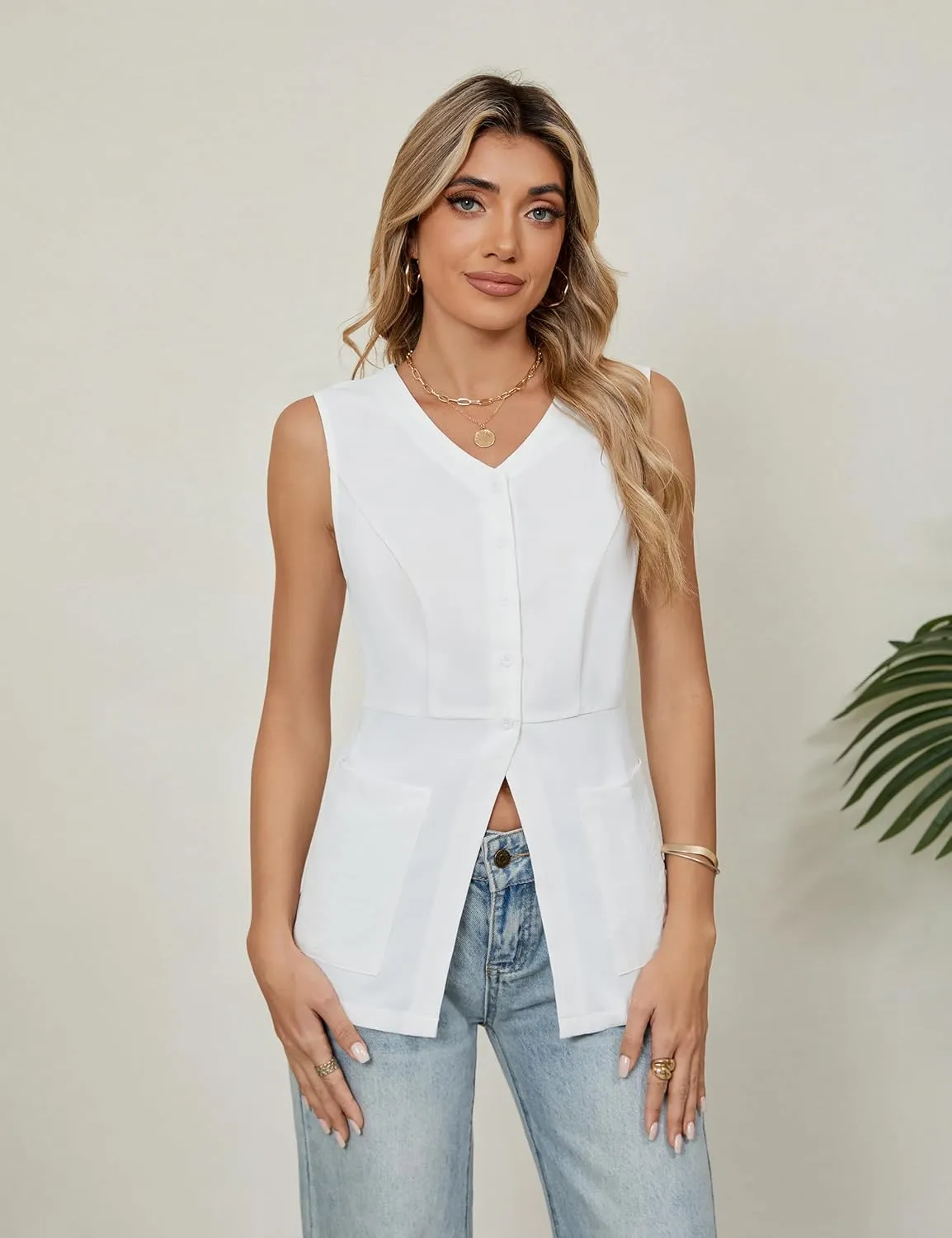 Blooming Jelly Womens Summer Tank Tops Button Down Sleeveless Vest Dressy Casual Blouses Business V Neck Outfits