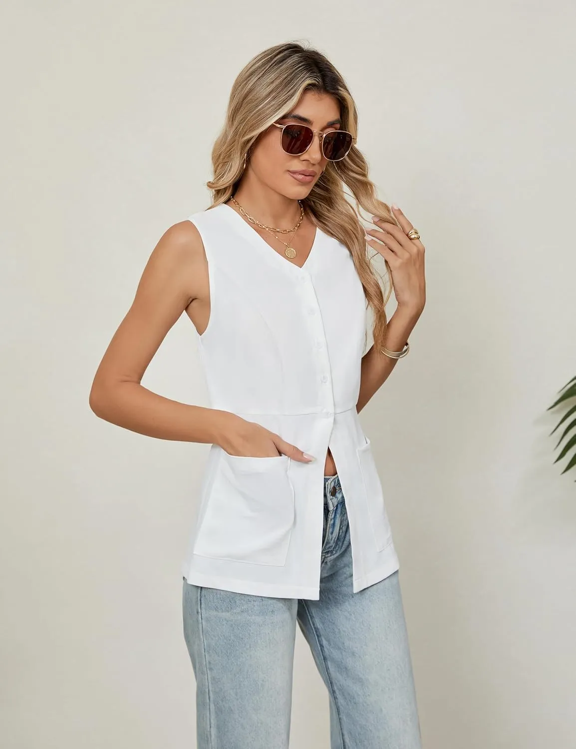 Blooming Jelly Womens Summer Tank Tops Button Down Sleeveless Vest Dressy Casual Blouses Business V Neck Outfits
