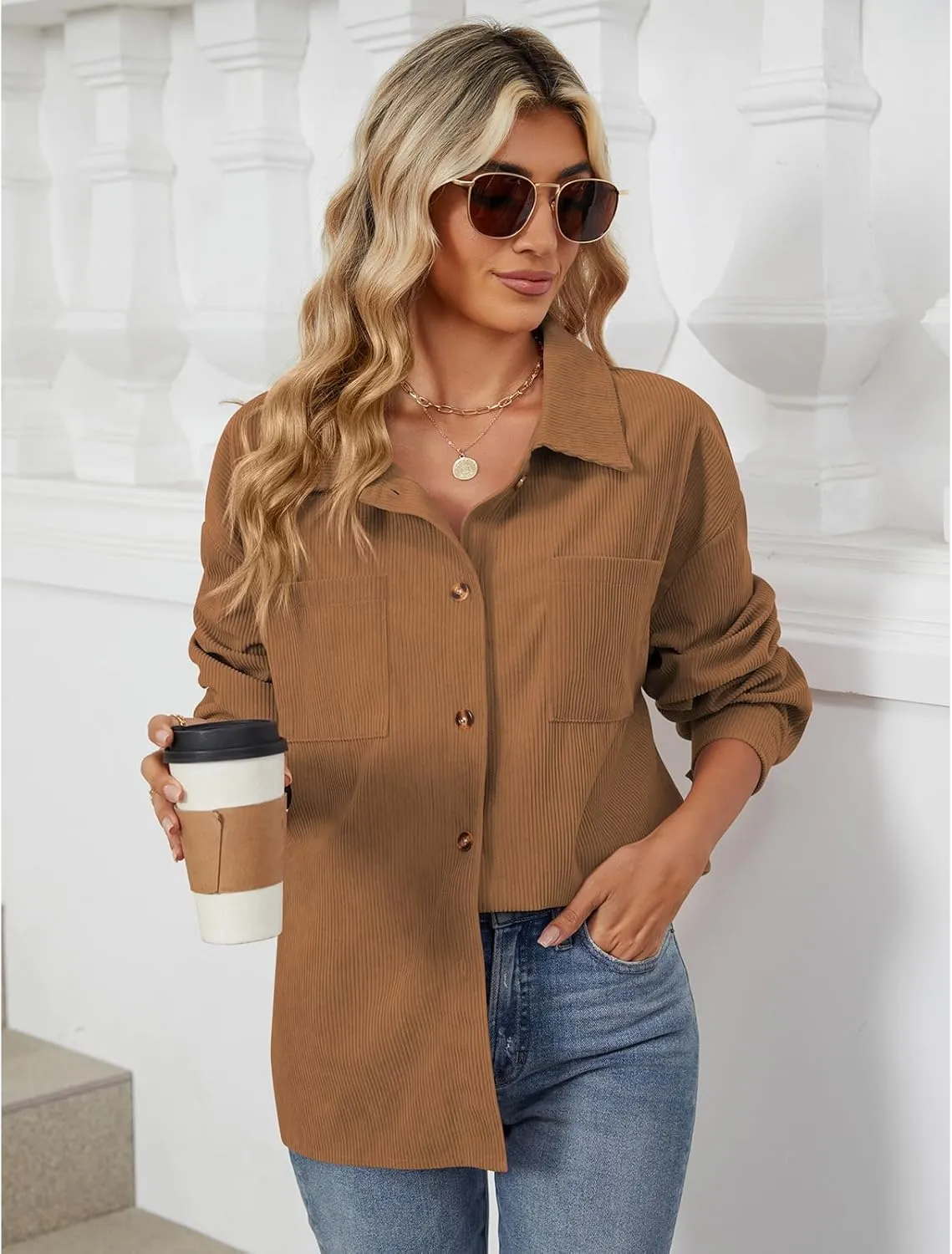 Blostirno Womens Corduroy Button Down Shirts Long Sleeve Oversized Blouses Shacket Jacket Fall Coat with Pockets