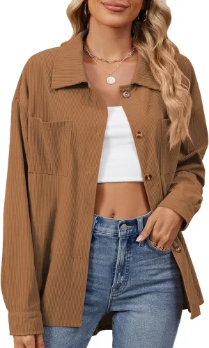 Blostirno Womens Corduroy Button Down Shirts Long Sleeve Oversized Blouses Shacket Jacket Fall Coat with Pockets