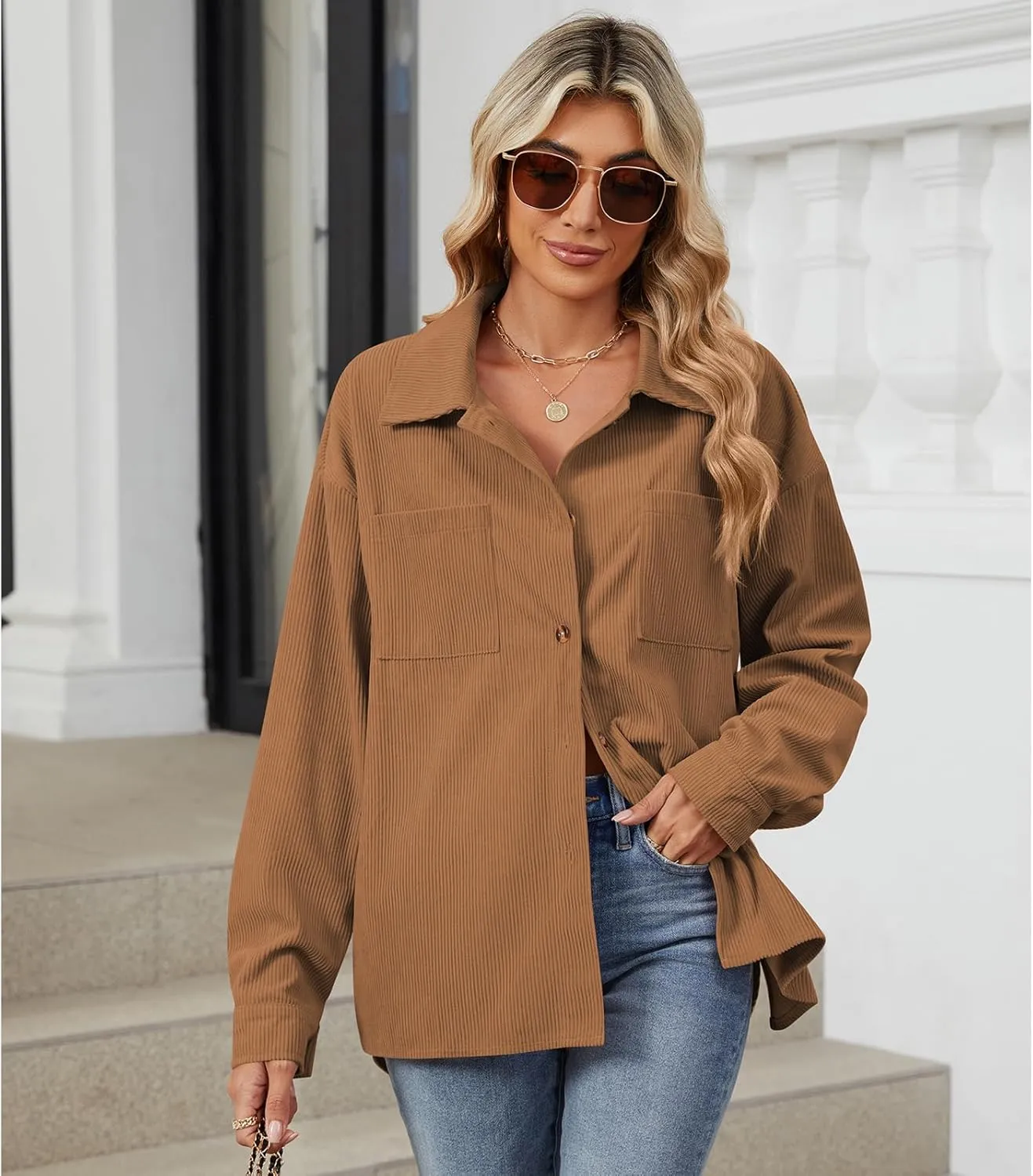 Blostirno Womens Corduroy Button Down Shirts Long Sleeve Oversized Blouses Shacket Jacket Fall Coat with Pockets