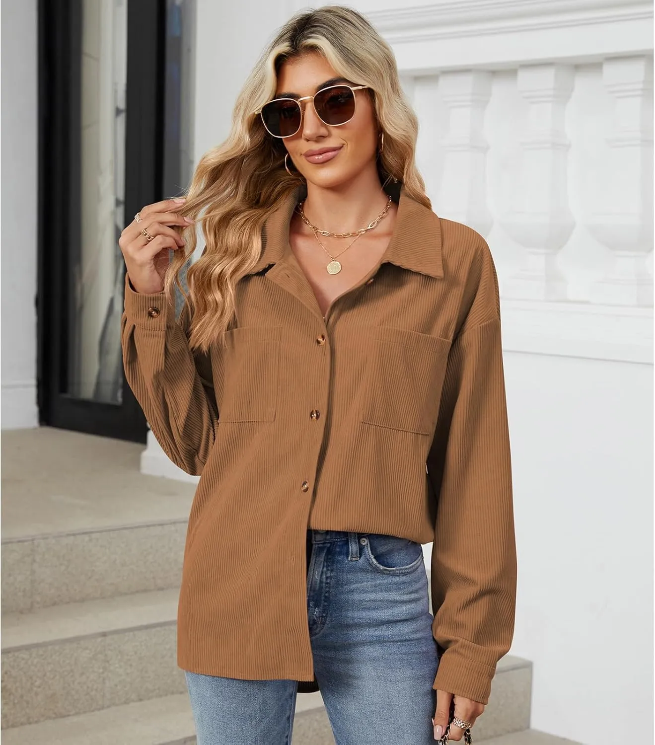 Blostirno Womens Corduroy Button Down Shirts Long Sleeve Oversized Blouses Shacket Jacket Fall Coat with Pockets