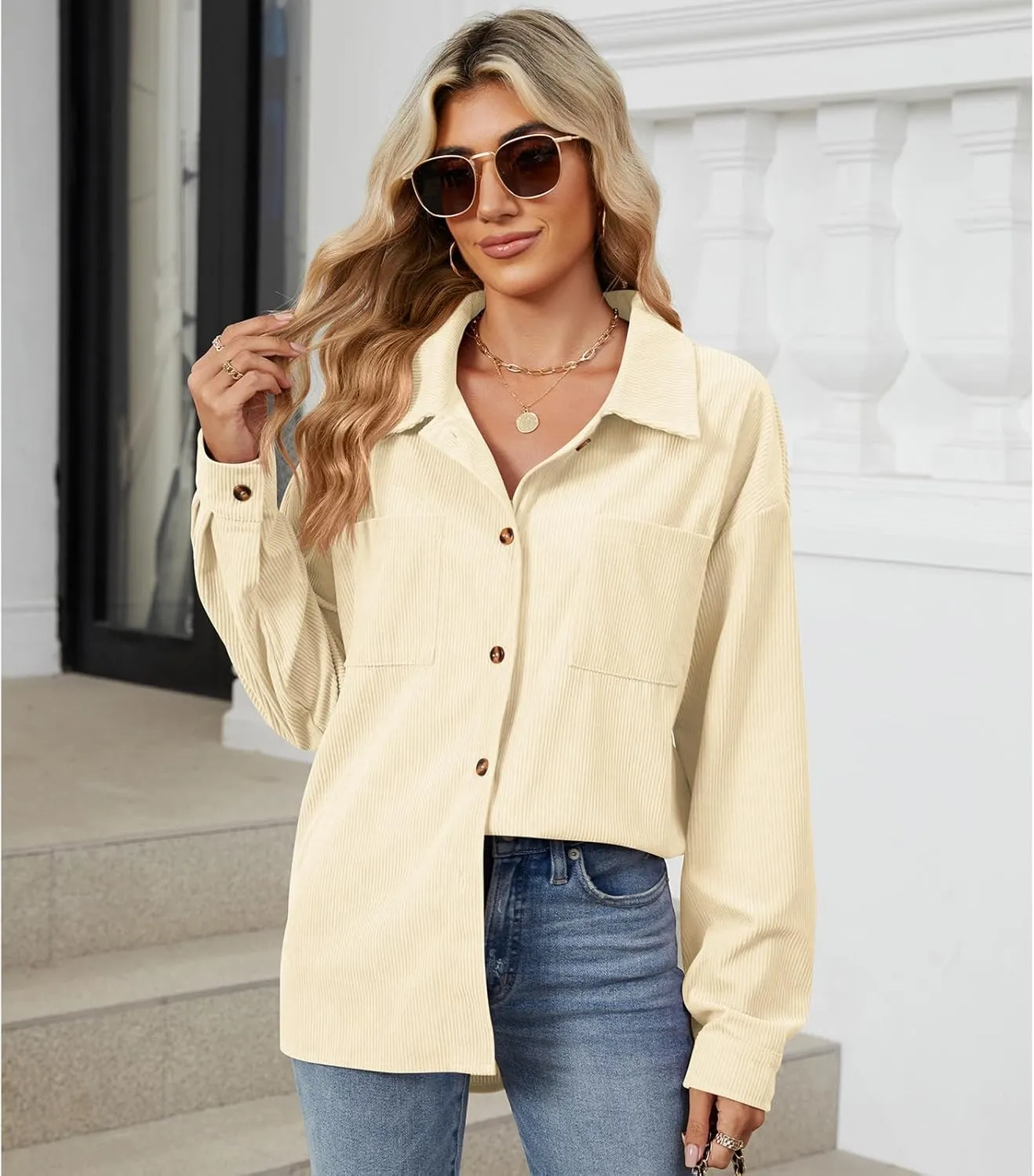Blostirno Womens Corduroy Button Down Shirts Long Sleeve Oversized Blouses Shacket Jacket Fall Coat with Pockets