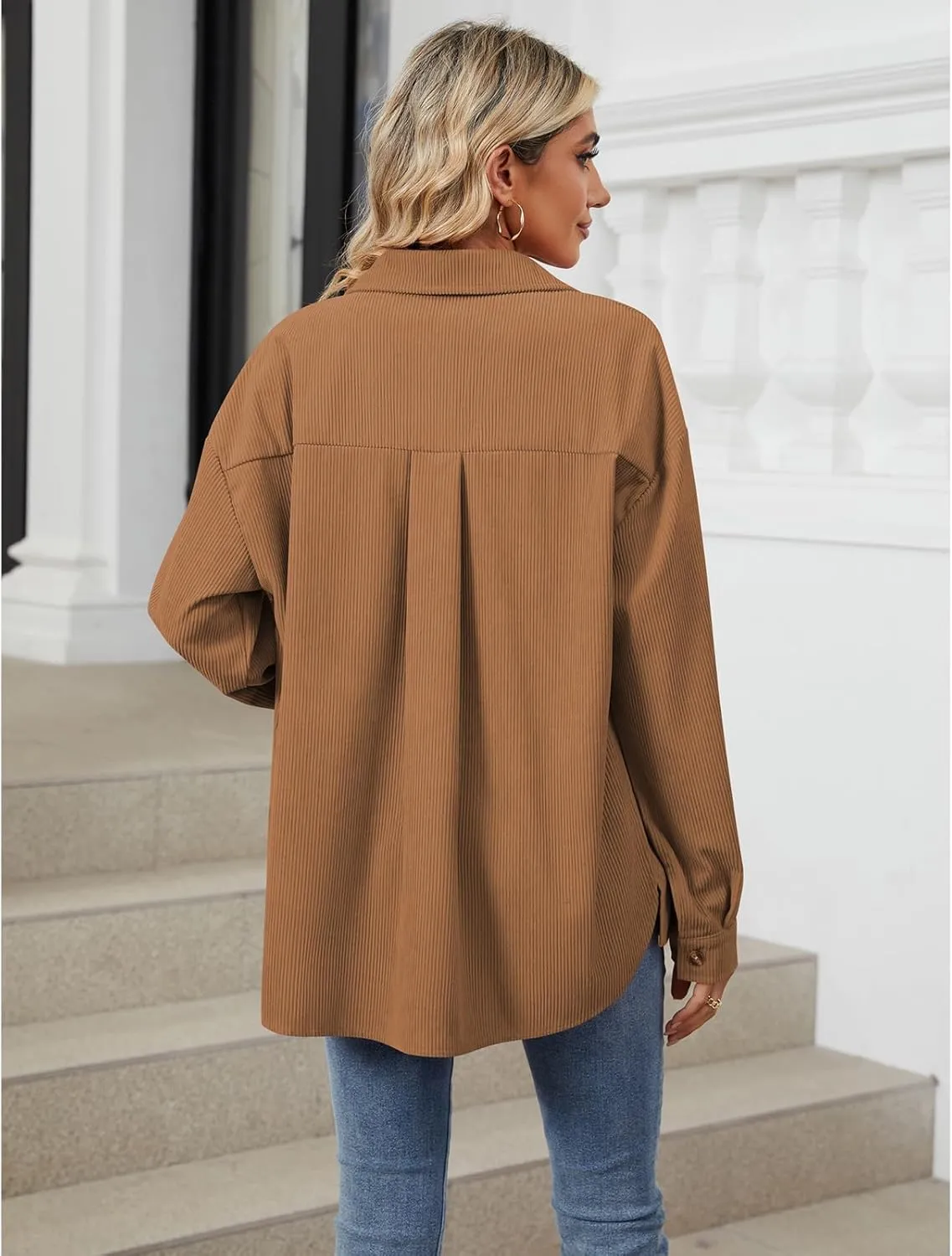 Blostirno Womens Corduroy Button Down Shirts Long Sleeve Oversized Blouses Shacket Jacket Fall Coat with Pockets