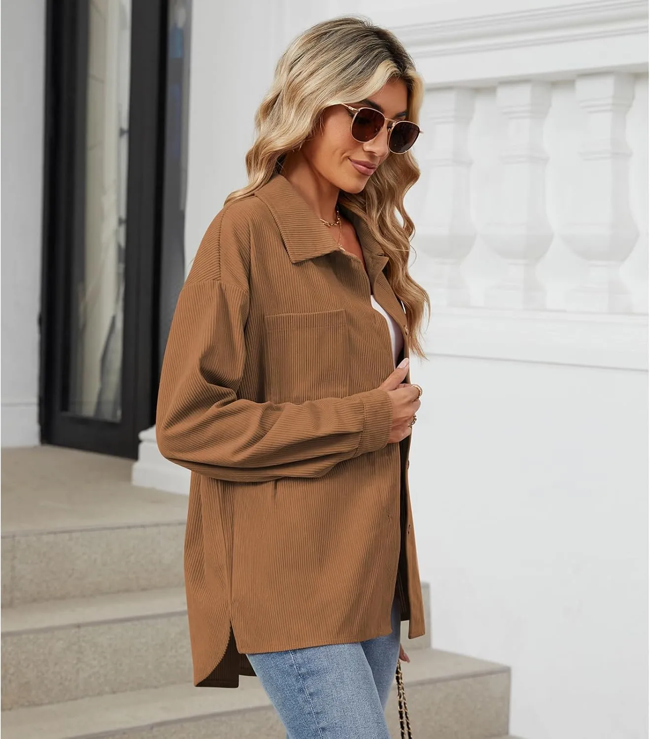 Blostirno Womens Corduroy Button Down Shirts Long Sleeve Oversized Blouses Shacket Jacket Fall Coat with Pockets