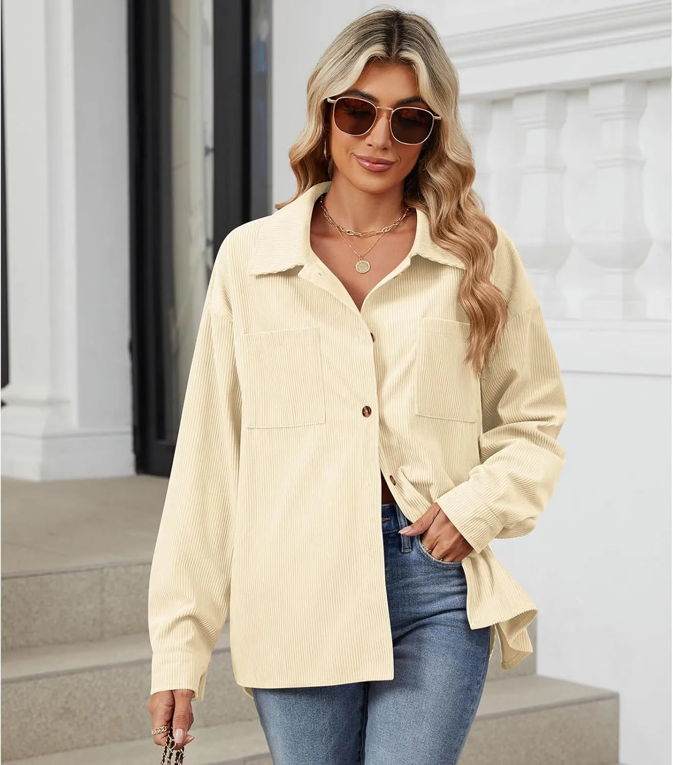 Blostirno Womens Corduroy Button Down Shirts Long Sleeve Oversized Blouses Shacket Jacket Fall Coat with Pockets