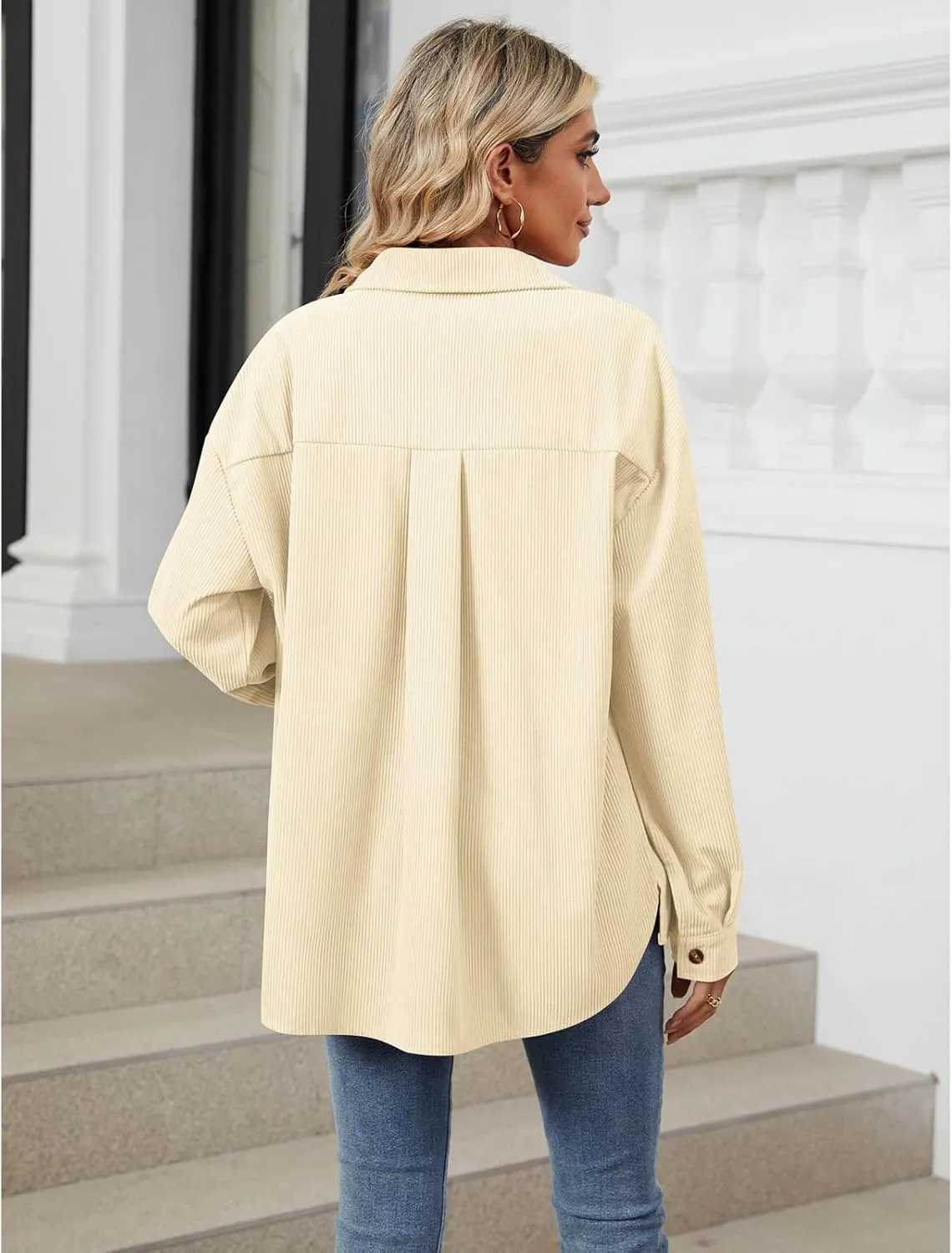 Blostirno Womens Corduroy Button Down Shirts Long Sleeve Oversized Blouses Shacket Jacket Fall Coat with Pockets