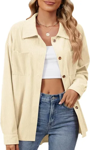 Blostirno Womens Corduroy Button Down Shirts Long Sleeve Oversized Blouses Shacket Jacket Fall Coat with Pockets