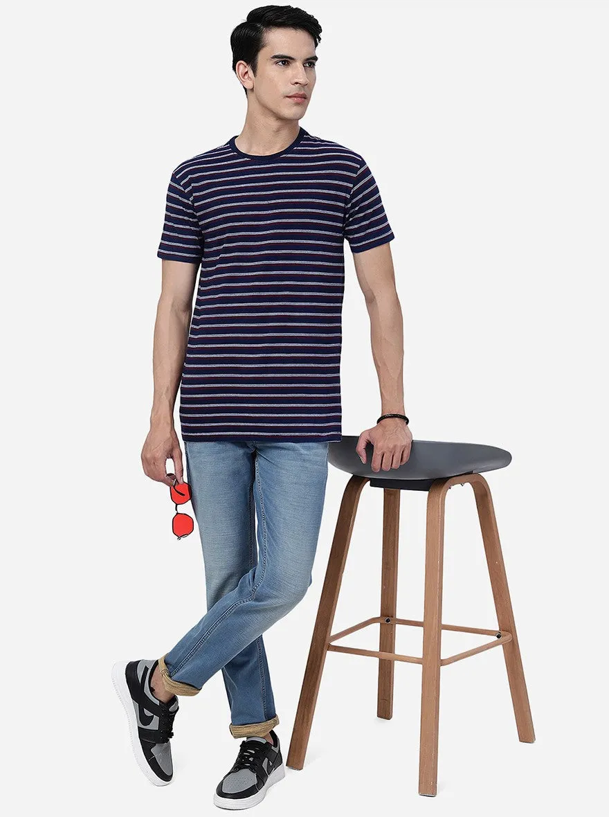 Blue & Maroon Striped Slim Fit T-Shirt | JadeBlue