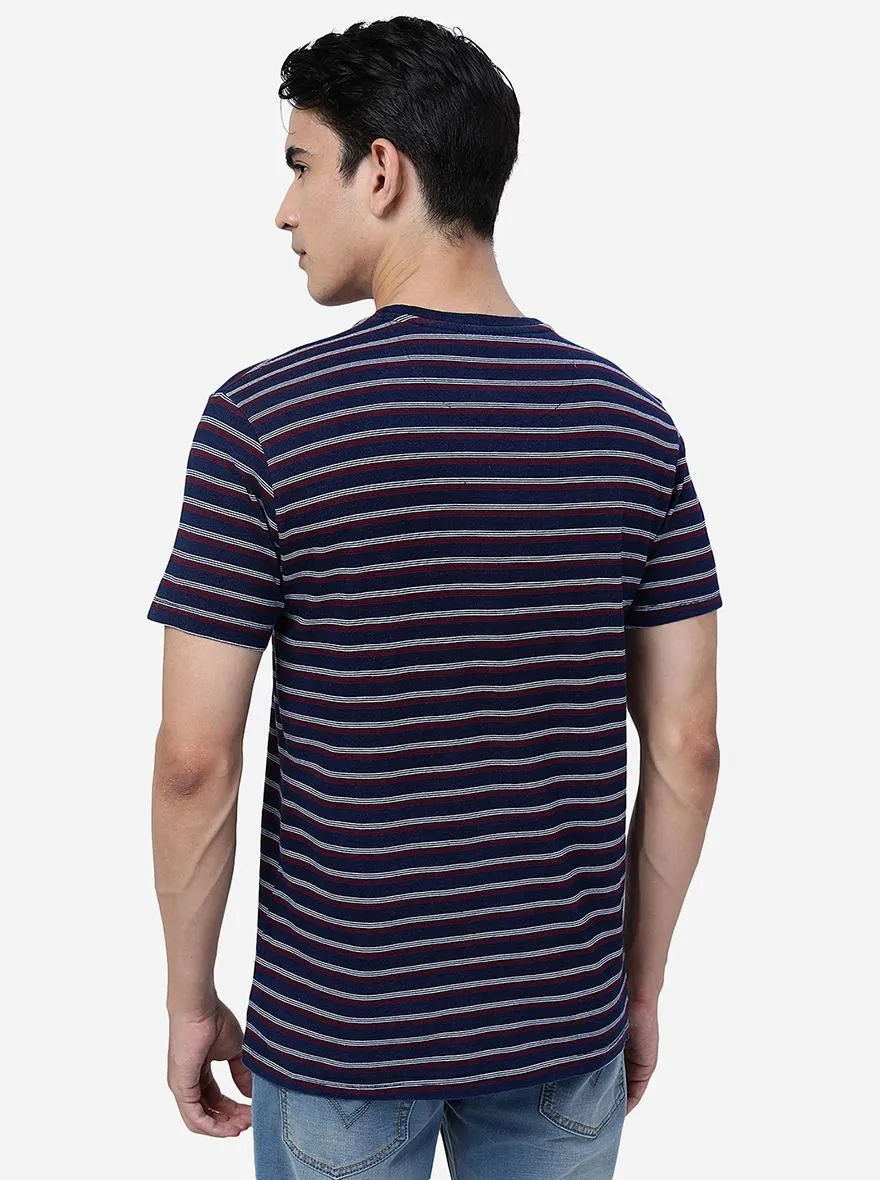 Blue & Maroon Striped Slim Fit T-Shirt | JadeBlue
