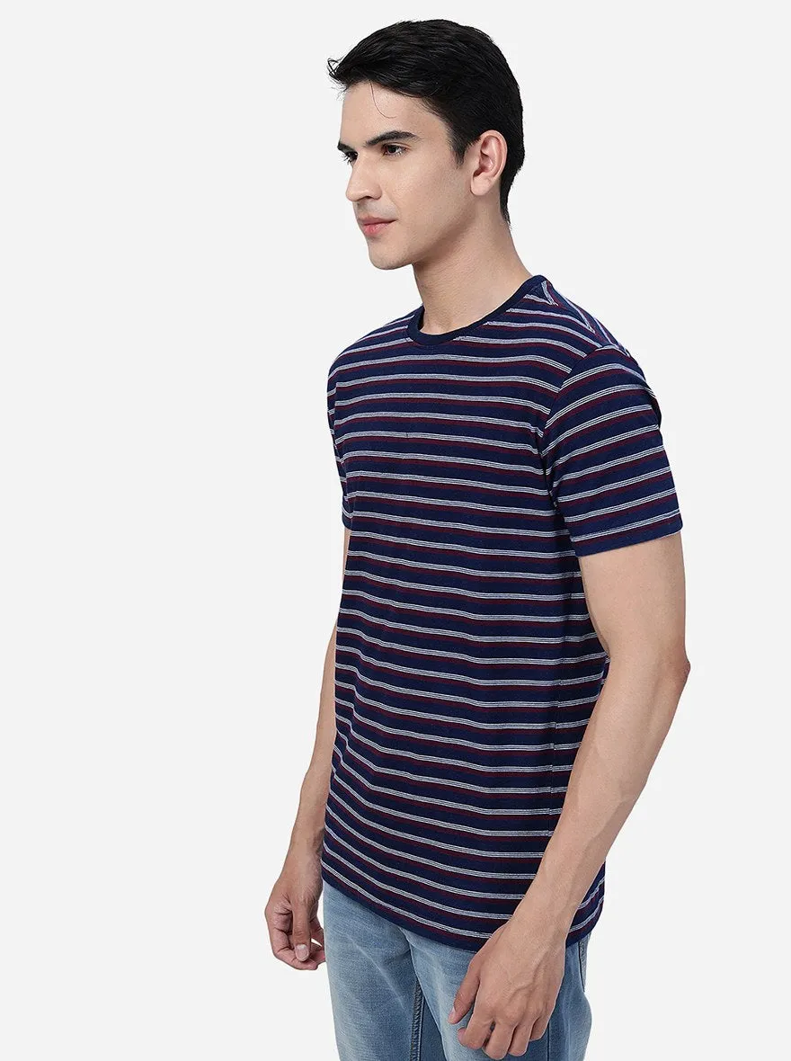 Blue & Maroon Striped Slim Fit T-Shirt | JadeBlue