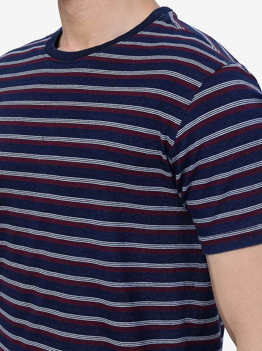 Blue & Maroon Striped Slim Fit T-Shirt | JadeBlue