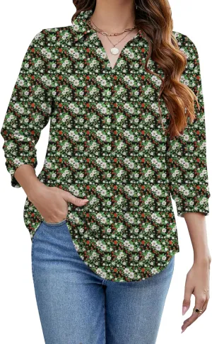 Bluetime Womens Tops Dressy Casual Collared V Neck 3/4 Sleeve Shirts Office Professional Work Blouses Loose Fit Tunic Tops