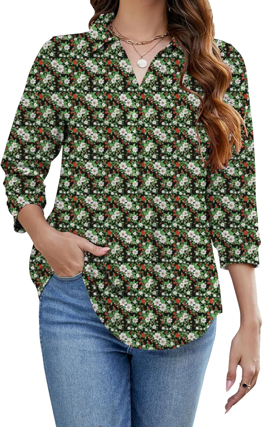 Bluetime Womens Tops Dressy Casual Collared V Neck 3/4 Sleeve Shirts Office Professional Work Blouses Loose Fit Tunic Tops