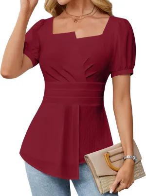 BMJL Women's Dressy Casual Blouses Business Casual Tops 2025 Summer Short Sleeve Work Shirt Smocked Back