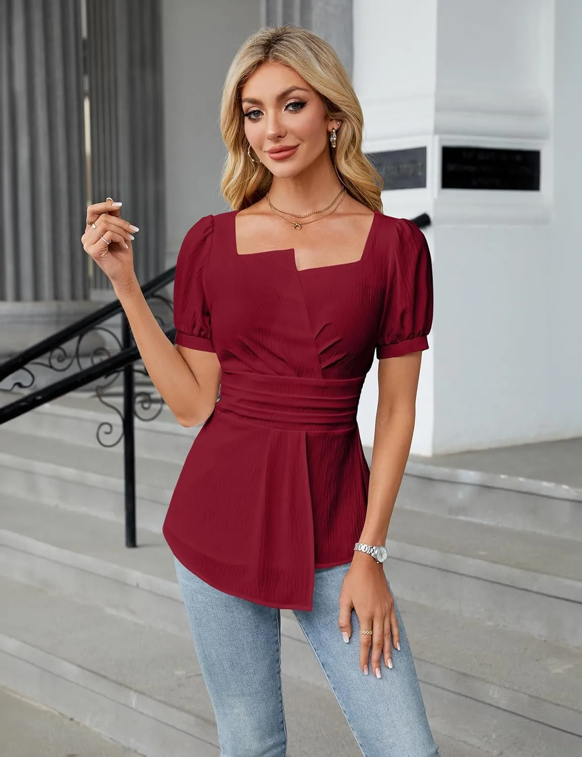 BMJL Women's Dressy Casual Blouses Business Casual Tops 2025 Summer Short Sleeve Work Shirt Smocked Back