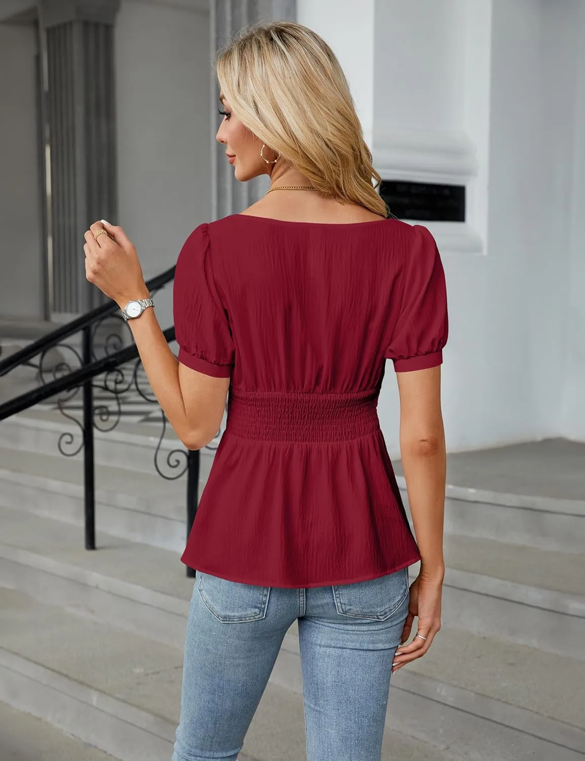 BMJL Women's Dressy Casual Blouses Business Casual Tops 2025 Summer Short Sleeve Work Shirt Smocked Back