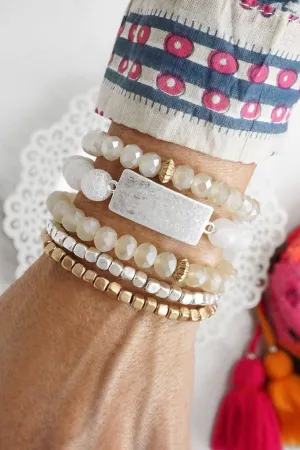 Boho Beaded Bracelet Stack Semi Precious Silver Tone Plaque