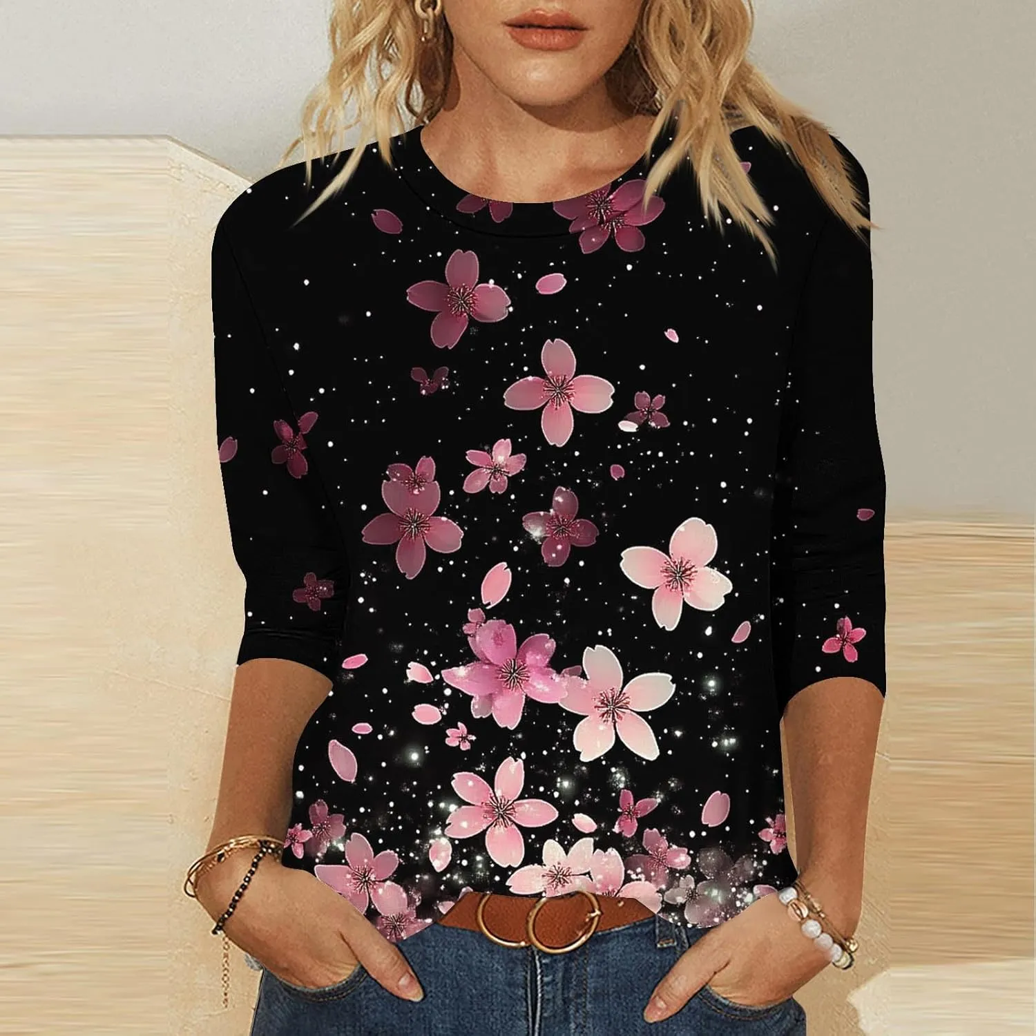 Boho Outfits for Women Bohemian Floral Print 3/4 Sleeves Tunic Tops Shirt Floral Print Crewneck Blouses
