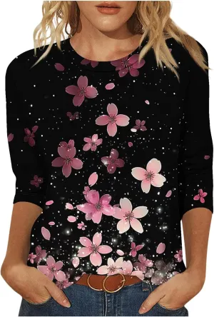 Boho Outfits for Women Bohemian Floral Print 3/4 Sleeves Tunic Tops Shirt Floral Print Crewneck Blouses