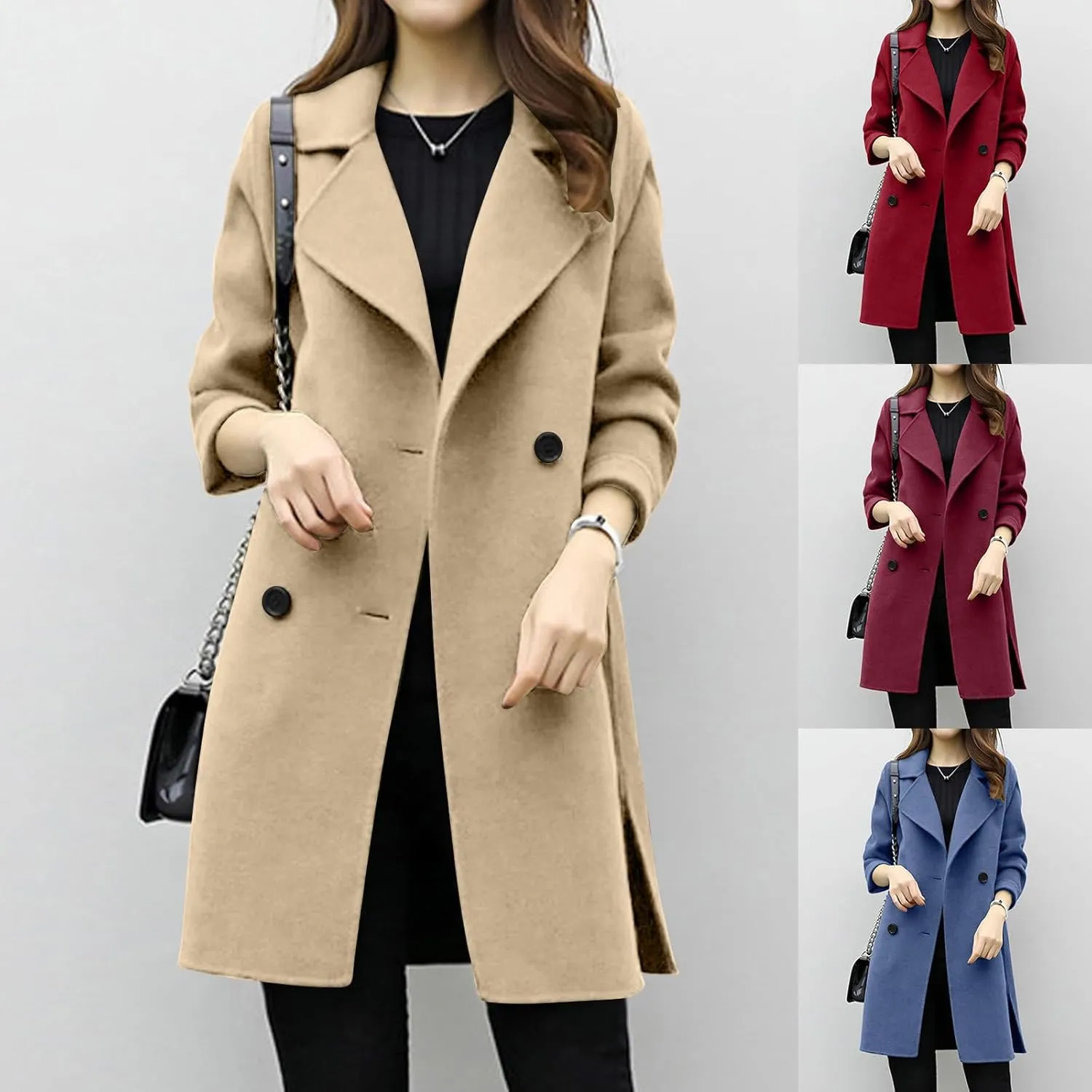 BOXIACEY Pea Coats for Women Wool Blend Winter Coat Double Breasted Trench Coat Elegant Lapel Collar Long Trench Coat