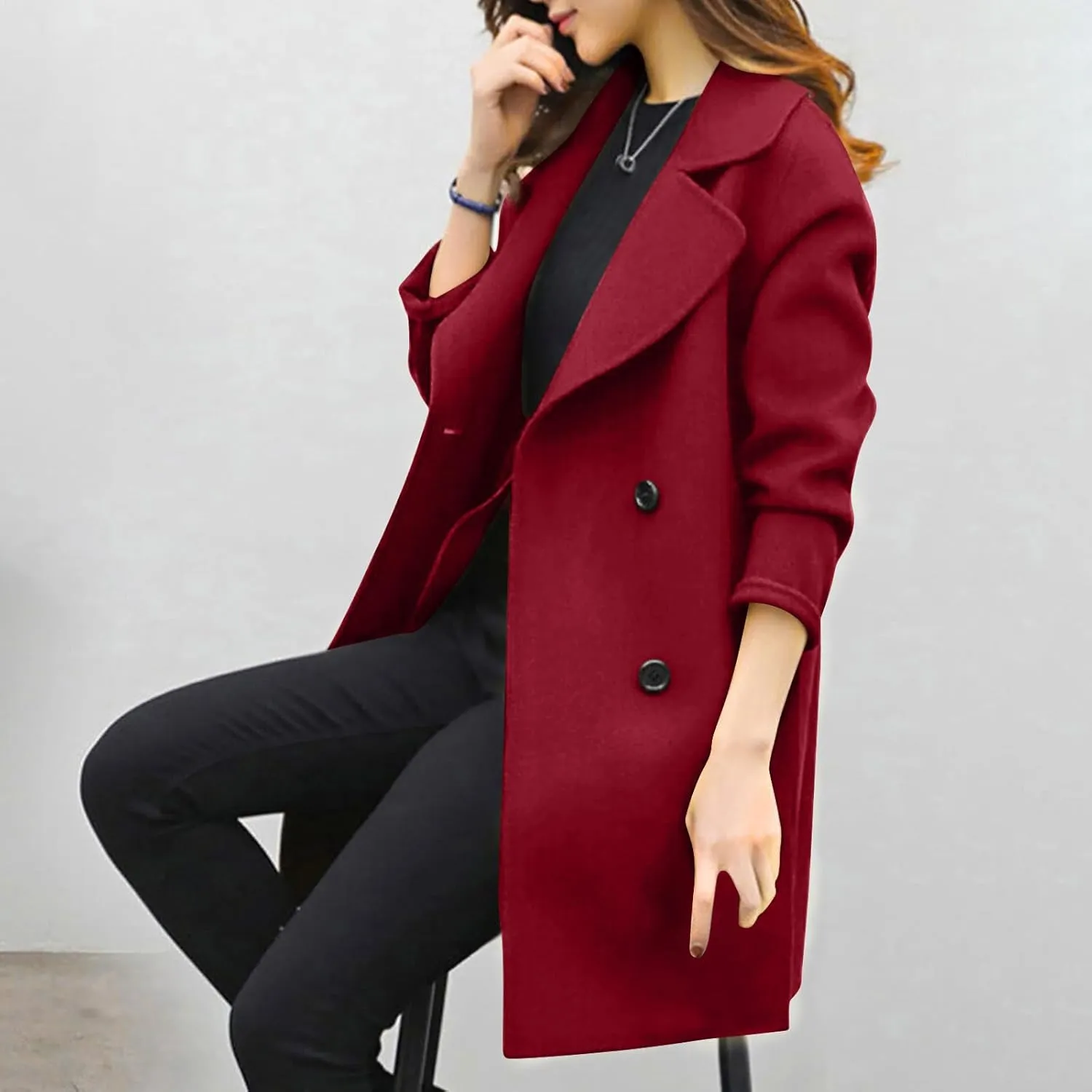 BOXIACEY Pea Coats for Women Wool Blend Winter Coat Double Breasted Trench Coat Elegant Lapel Collar Long Trench Coat