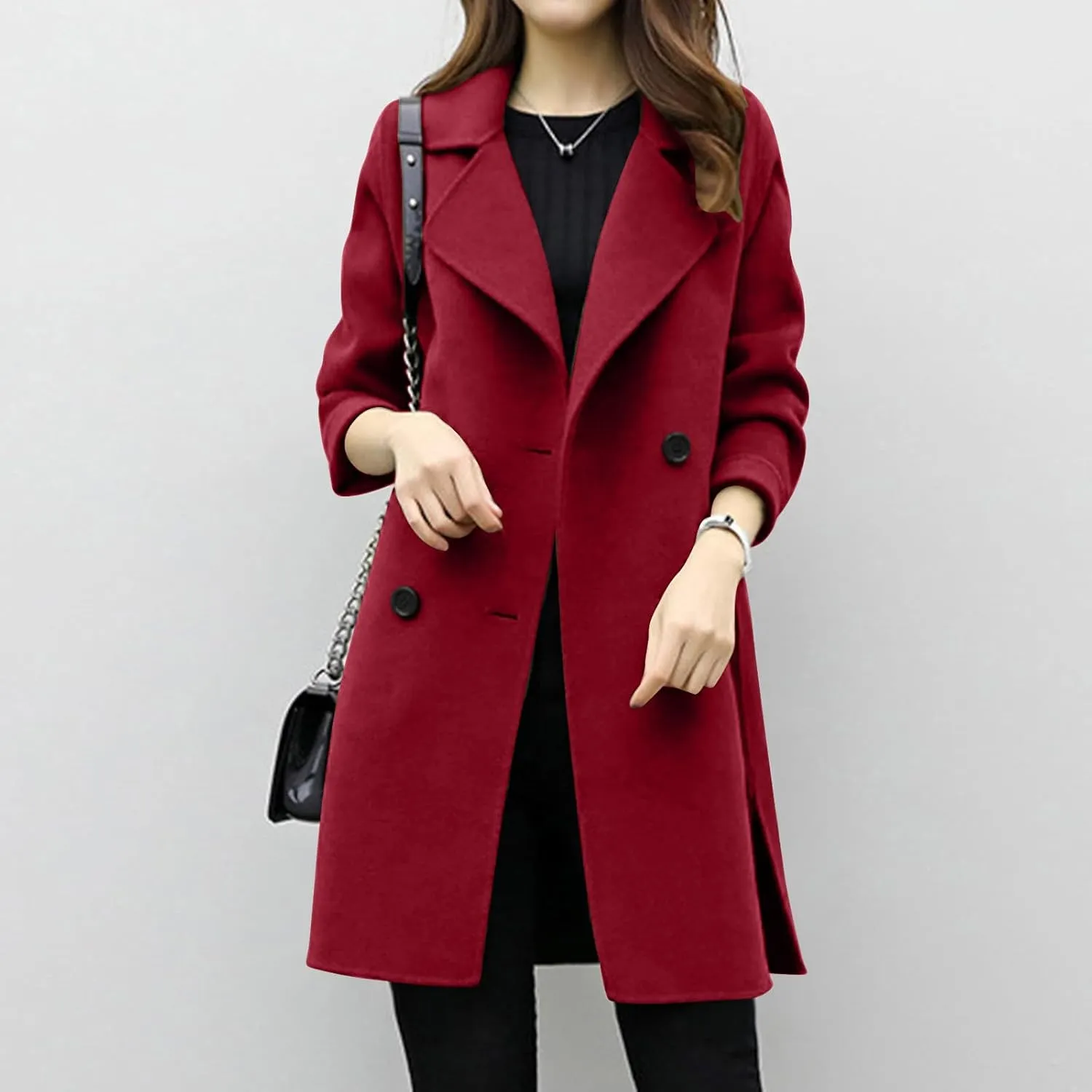 BOXIACEY Pea Coats for Women Wool Blend Winter Coat Double Breasted Trench Coat Elegant Lapel Collar Long Trench Coat