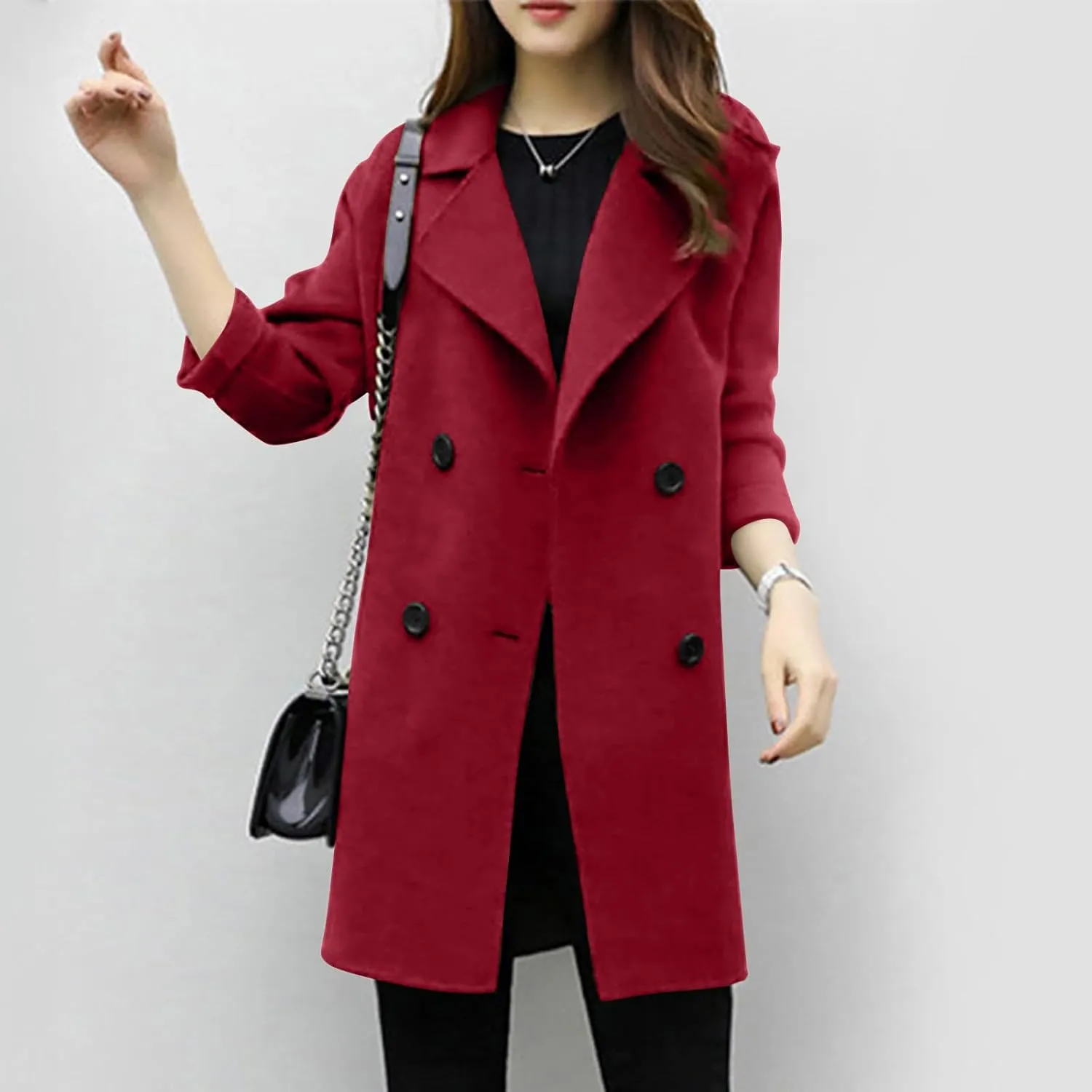 BOXIACEY Pea Coats for Women Wool Blend Winter Coat Double Breasted Trench Coat Elegant Lapel Collar Long Trench Coat