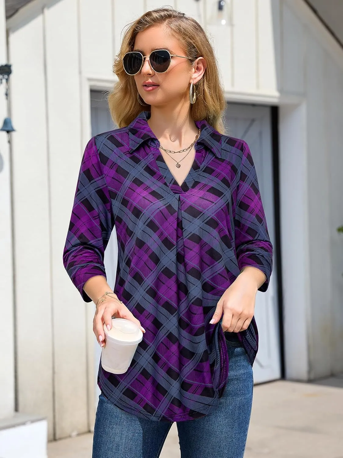 Bulotus Women's 3/4 Sleeve Tunic Shirts Business Casual Blouses V Neck Work Tops