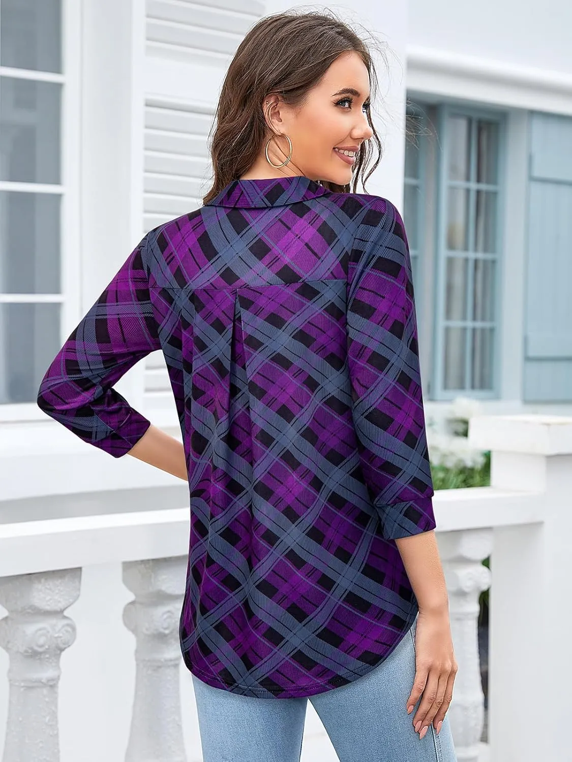 Bulotus Women's 3/4 Sleeve Tunic Shirts Business Casual Blouses V Neck Work Tops
