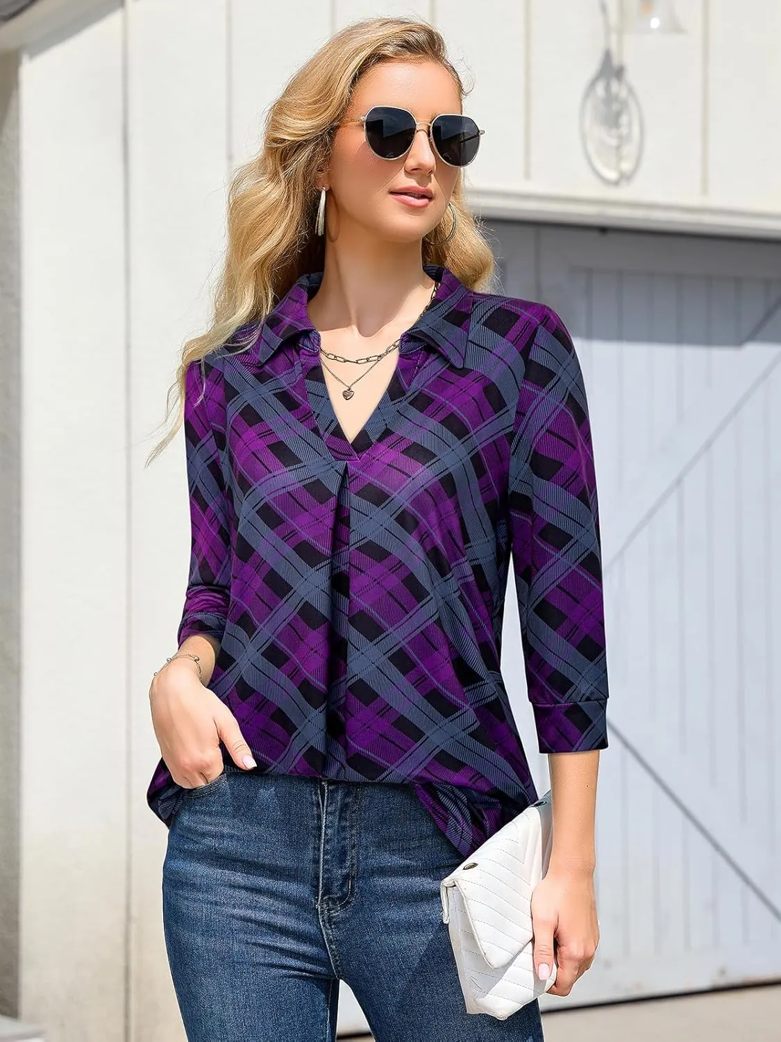 Bulotus Women's 3/4 Sleeve Tunic Shirts Business Casual Blouses V Neck Work Tops
