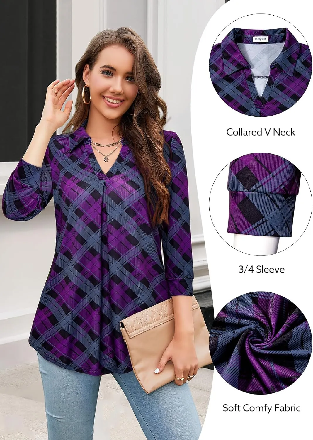 Bulotus Women's 3/4 Sleeve Tunic Shirts Business Casual Blouses V Neck Work Tops
