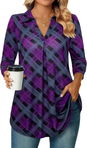 Bulotus Women's 3/4 Sleeve Tunic Shirts Business Casual Blouses V Neck Work Tops