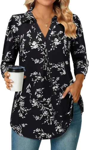 Bulotus Women's 3/4 Sleeve Tunic Shirts Business Casual Blouses V Neck Work Tops