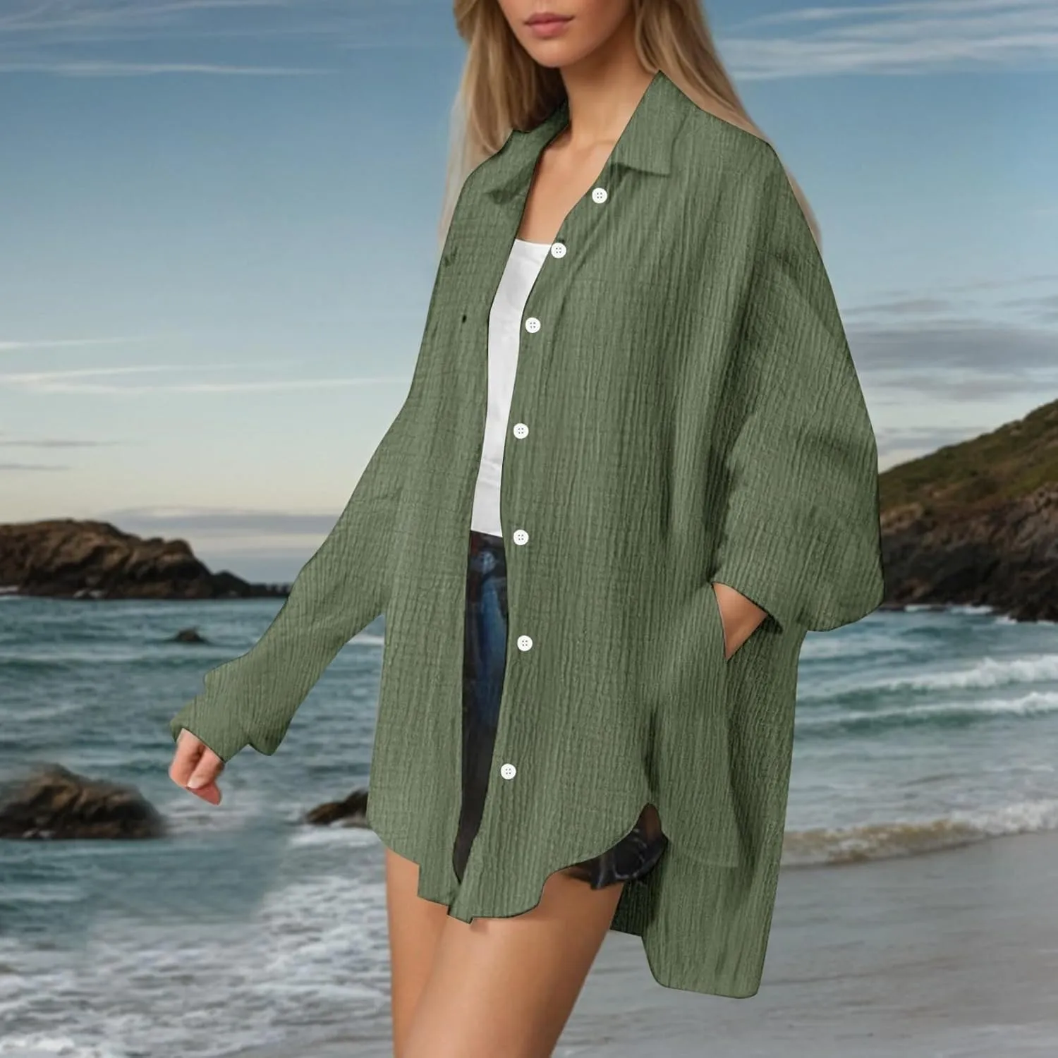 Button Blouses for Women, Fashion Beach Long Sleeve Vacation Casual Summer Outfits for Women