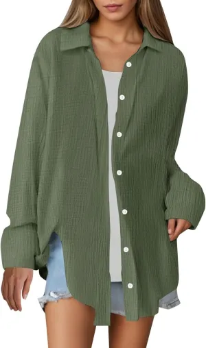 Button Blouses for Women, Fashion Beach Long Sleeve Vacation Casual Summer Outfits for Women