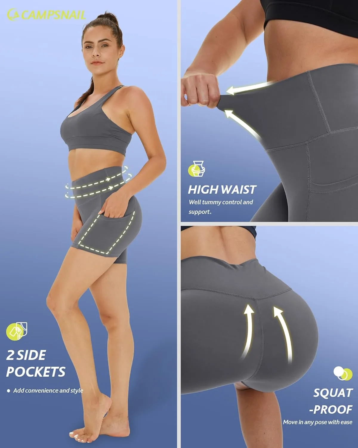 CAMPSNAIL 4 Pack Biker Shorts Women with Pockets  5"/8" High Waist Tummy Control Workout Gym Yoga Running Compression Shorts