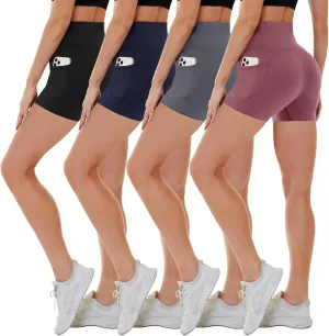 CAMPSNAIL 4 Pack Biker Shorts Women with Pockets  5"/8" High Waist Tummy Control Workout Gym Yoga Running Compression Shorts