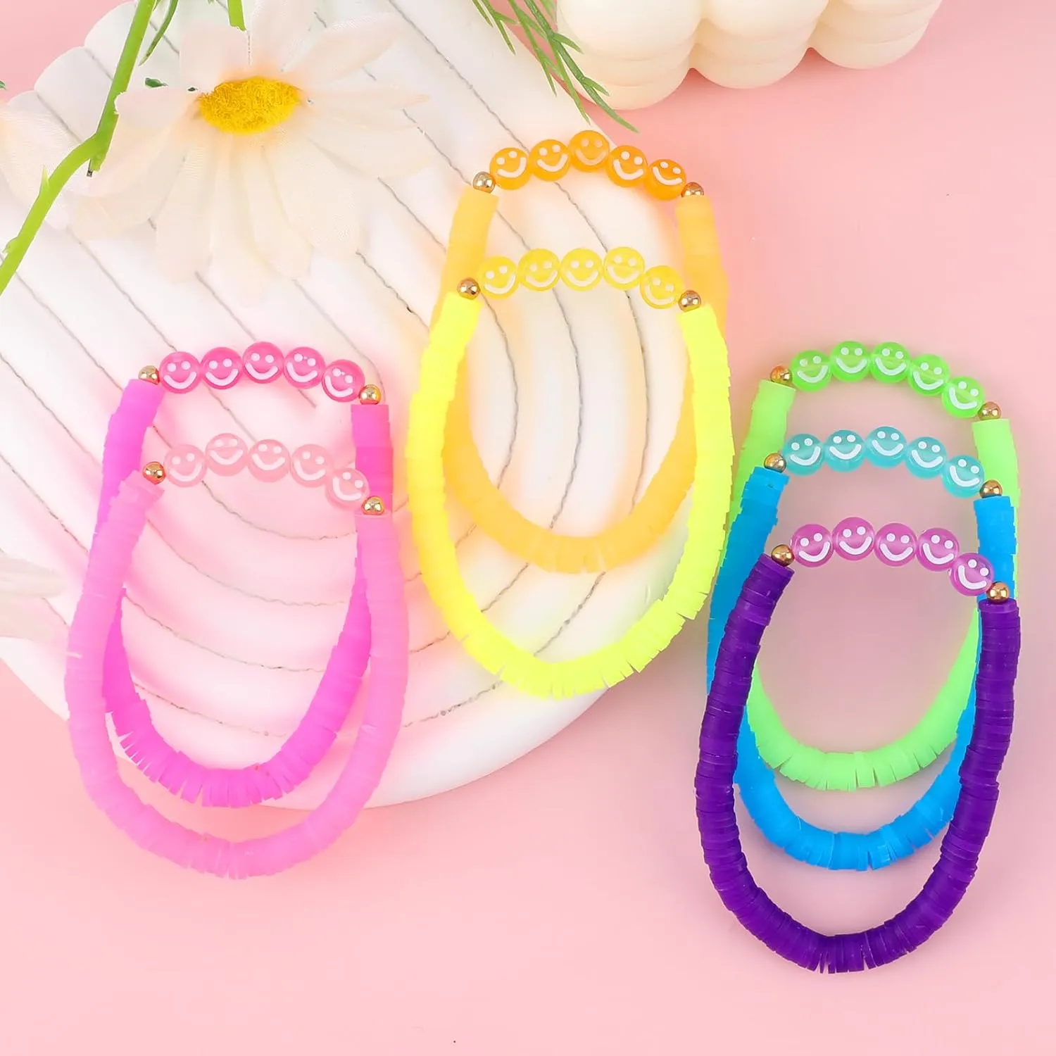 Candy Color Heishi Surfer Bracelets Set for Women Stackable Clay Beaded Bracelets Disc Stretch Smiley Face Preppy Bracelets Colorful Friendship Bracelets Cheer Bulk Boho Summer Beach Jewelry Gift