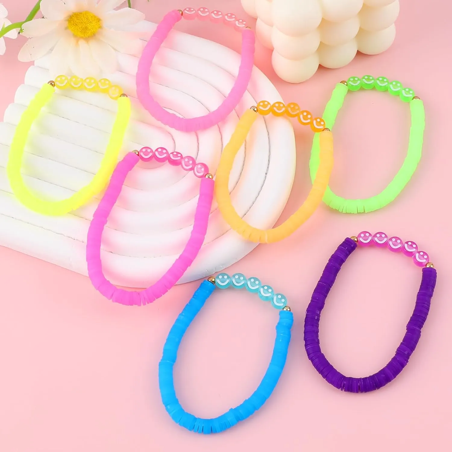 Candy Color Heishi Surfer Bracelets Set for Women Stackable Clay Beaded Bracelets Disc Stretch Smiley Face Preppy Bracelets Colorful Friendship Bracelets Cheer Bulk Boho Summer Beach Jewelry Gift