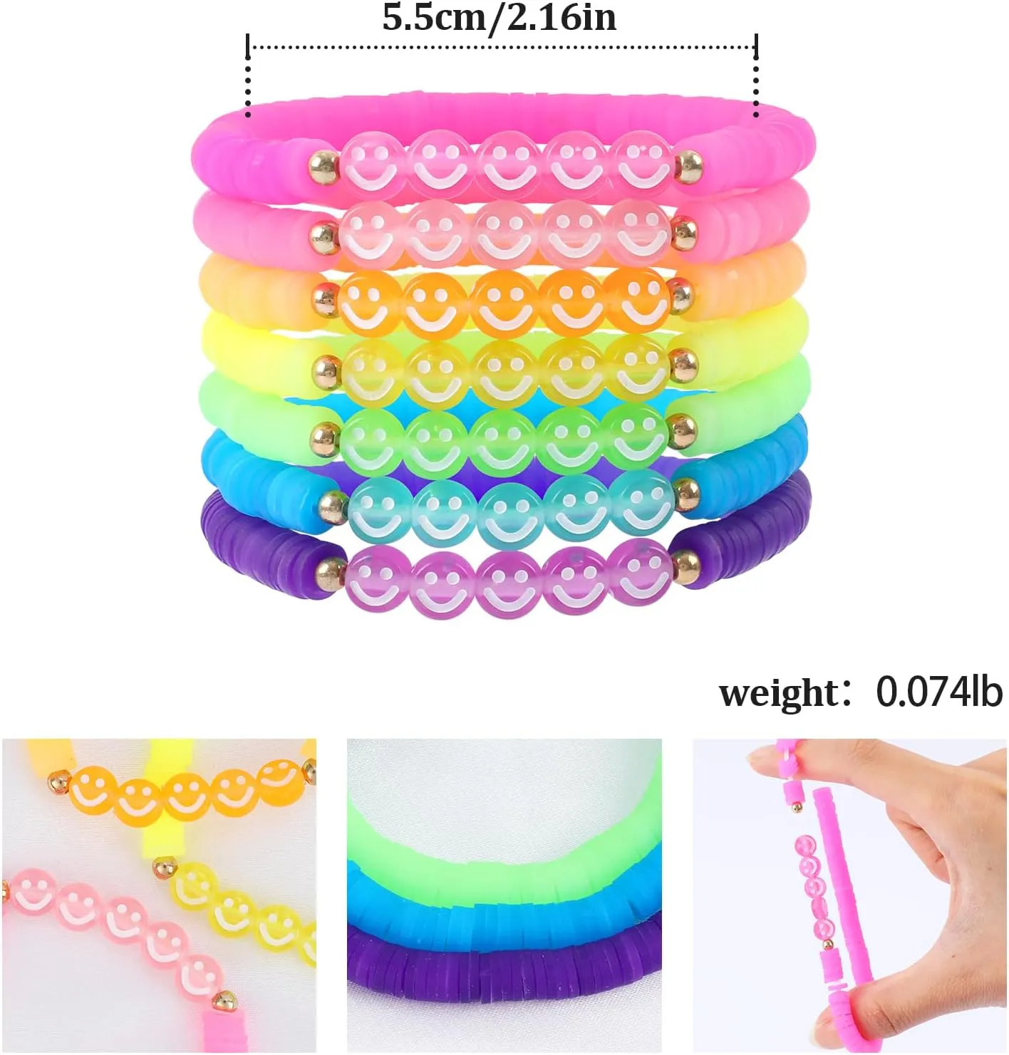 Candy Color Heishi Surfer Bracelets Set for Women Stackable Clay Beaded Bracelets Disc Stretch Smiley Face Preppy Bracelets Colorful Friendship Bracelets Cheer Bulk Boho Summer Beach Jewelry Gift