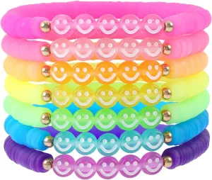 Candy Color Heishi Surfer Bracelets Set for Women Stackable Clay Beaded Bracelets Disc Stretch Smiley Face Preppy Bracelets Colorful Friendship Bracelets Cheer Bulk Boho Summer Beach Jewelry Gift