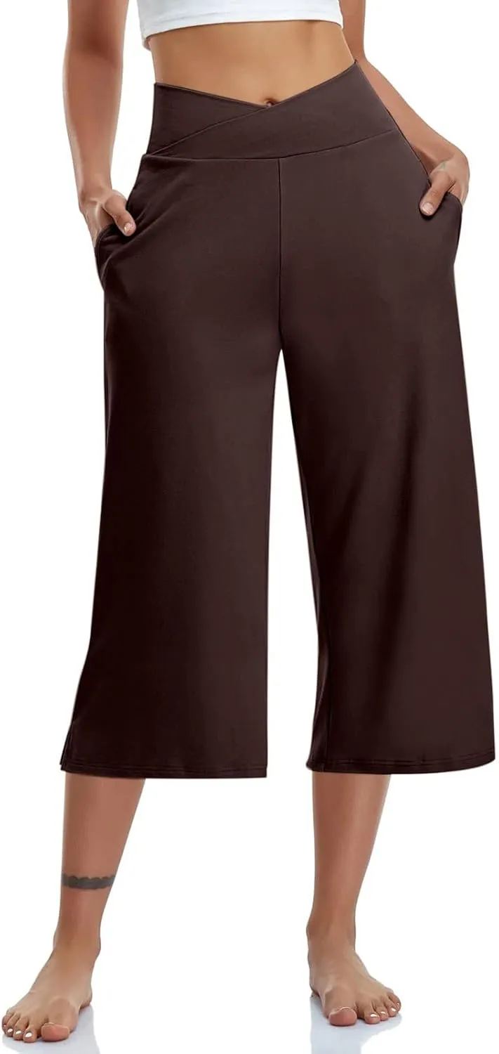 Capri Pants for Women Crossover Wide Leg Yoga Capris Tummy Control Yoga Capris with Pockets Casual Cropped Pants