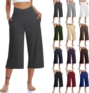 Capri Pants for Women Crossover Wide Leg Yoga Capris Tummy Control Yoga Capris with Pockets Casual Cropped Pants
